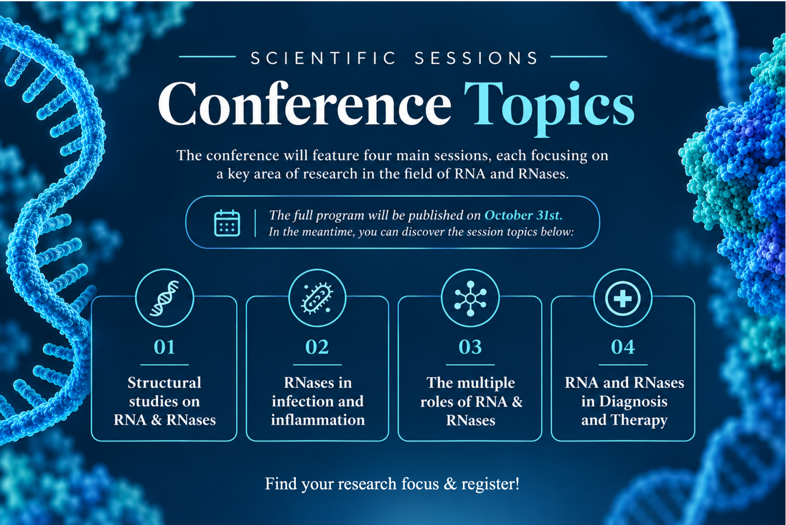 Conference Topics: Structural studies on RNA & RNases; RNases in infection and inflammation; The multiple roles of RNA & RNases; RNA and RNases in Diagnosis and Therapy.